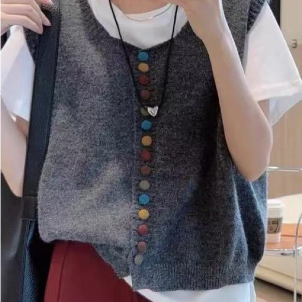 Stylish Gray Knit Vest with Colorful Buttons